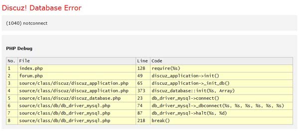 DiscuzX2.5出现"Discuz!Database Error(1040)notconnect"错误解决方法